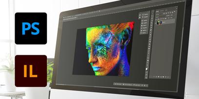 Photoshop and Illustrator logos in front of monitor